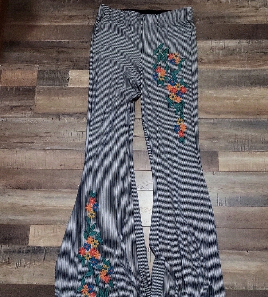 Judith March Striped Flare Pants with Colorful Floral Design